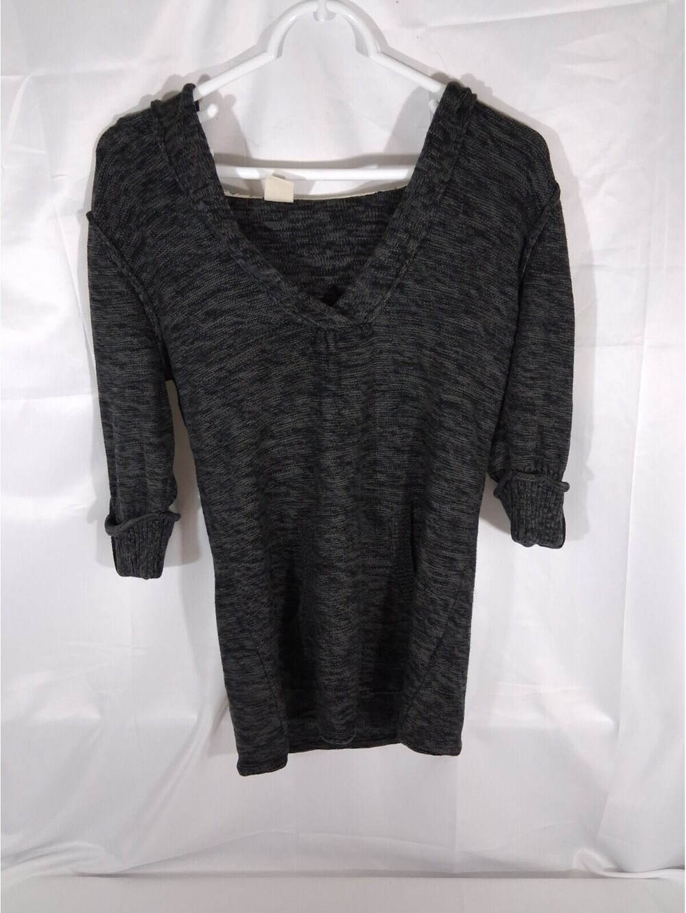 ROXY Womens Knit Hoodie Grey Marled Knit V-Neck Pullover Sweater Space Dye Siz L